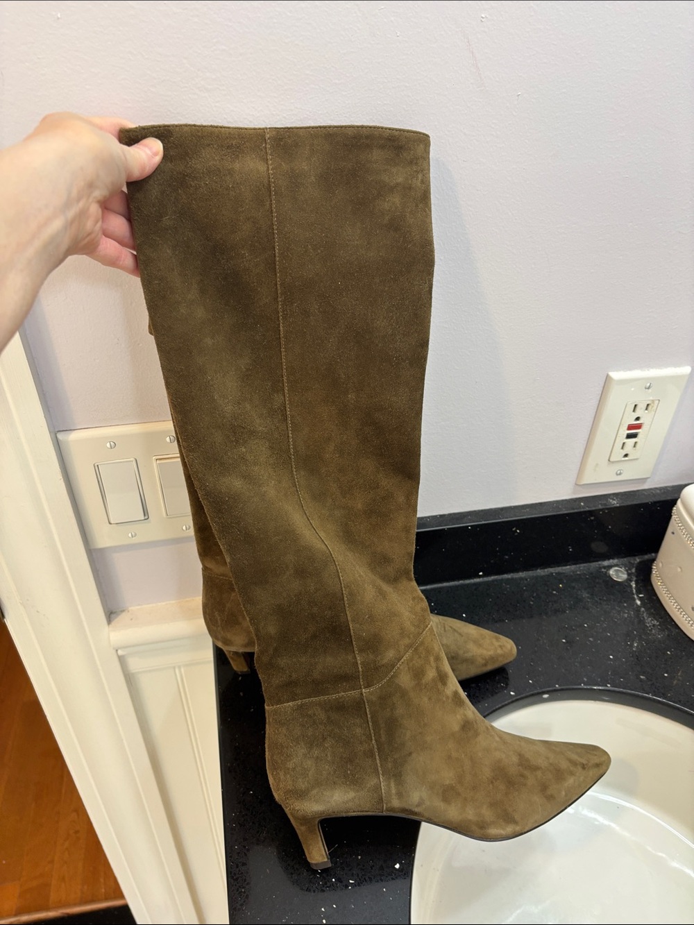NWOT J. Crew Olive Brown Suede Knee-High Heeled Boots - Picture 2 of 6